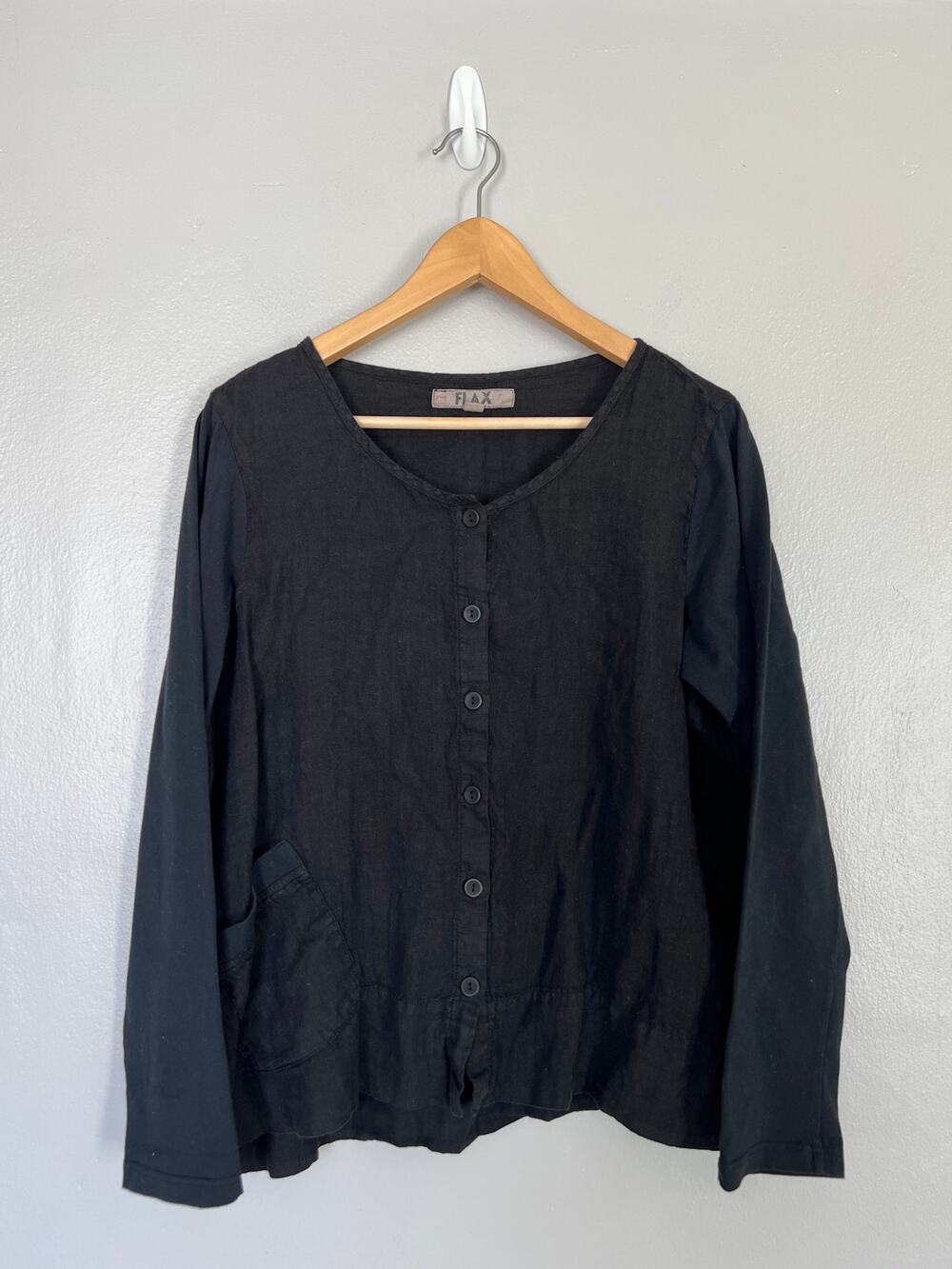 FLAX Women's Linen Cotton Black Button Front Shirt Women's Size S Long Sleeves